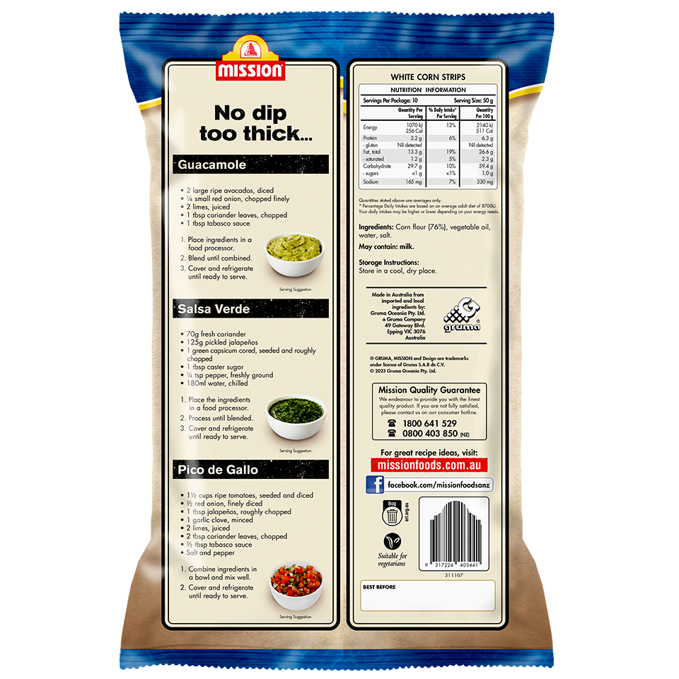 Mission Deli Style White Corn Tortilla Strips Render Logo Back