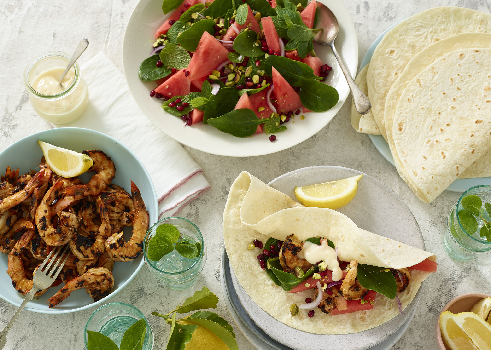 BBQ Peri Peri Prawns with Watermelon, Pomegranate, Pistachio & Mint Salad Wraps