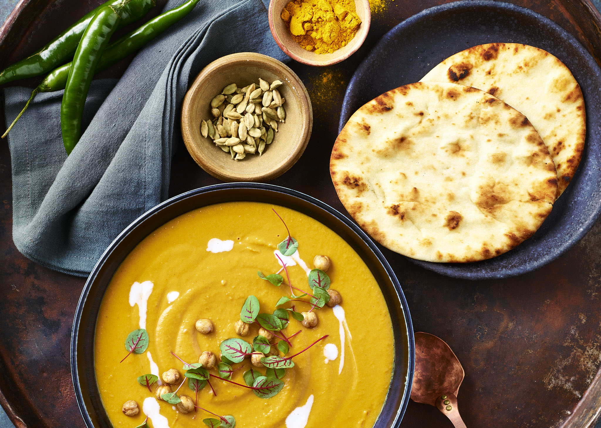 Indian-Spiced Pumpkin, Split Pea and Coconut Soup with Naan