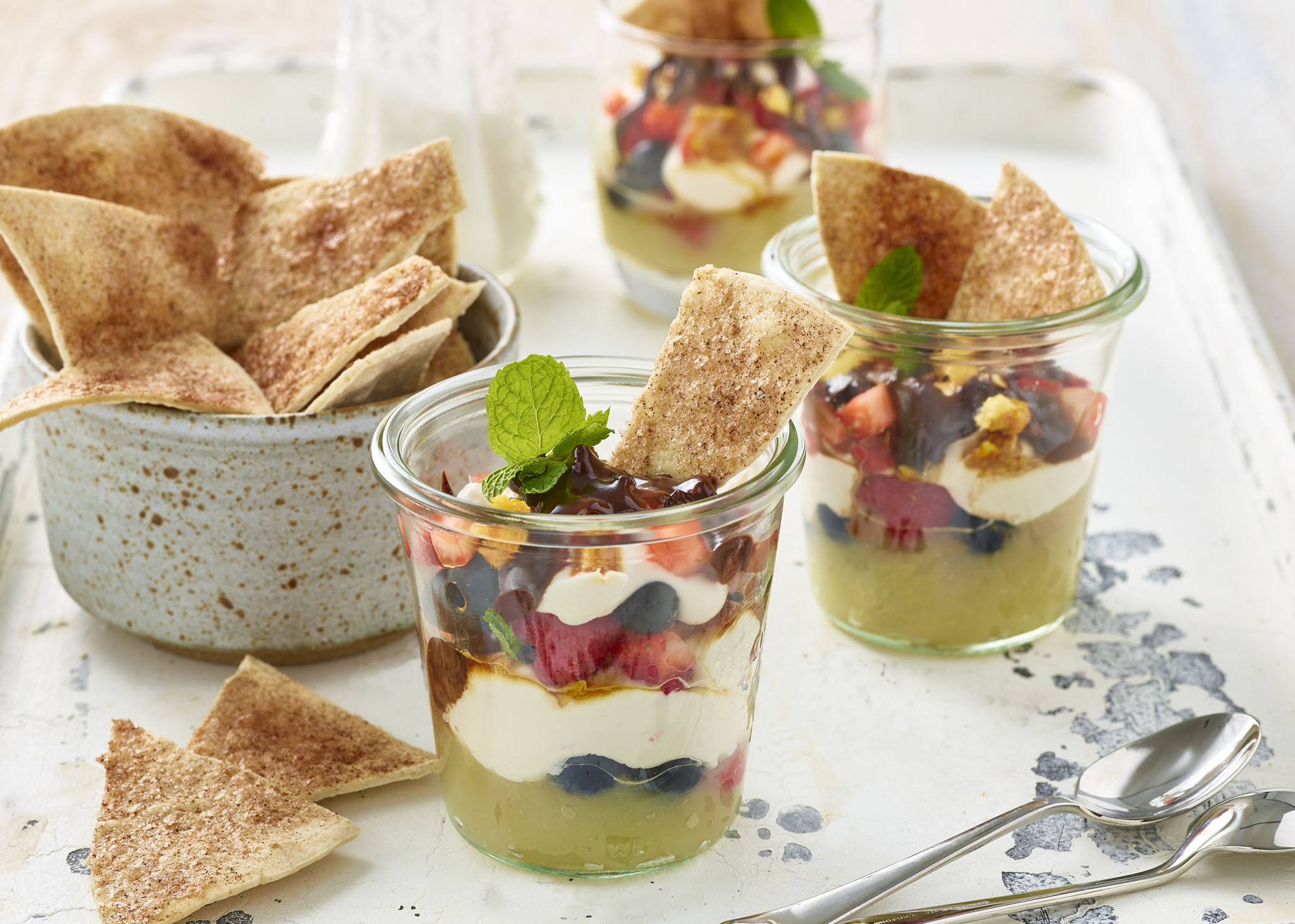 Apple & Berry Grazing Jars with Honeycomb, Chocolate & Cinnamon Crisps